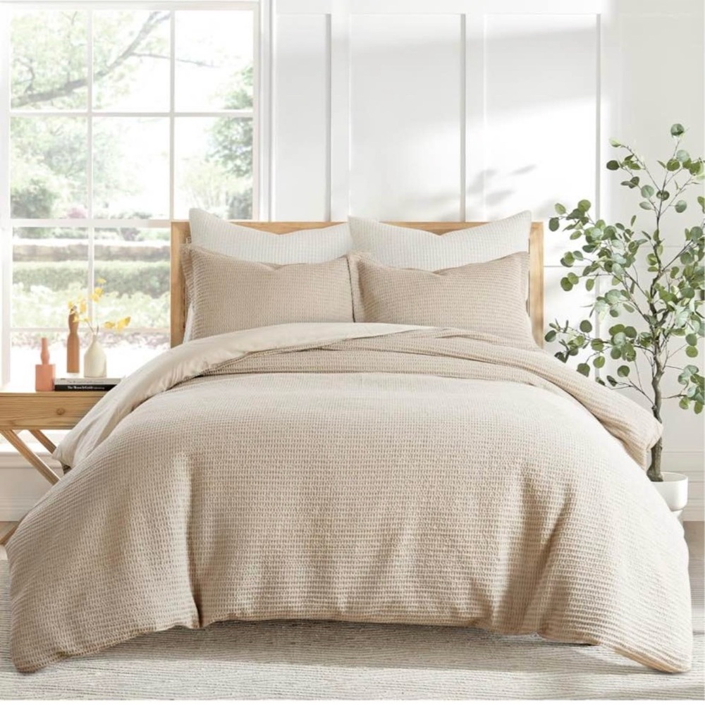 Beige Waffle Duvet Cover Set - Textured Neutral Bedding